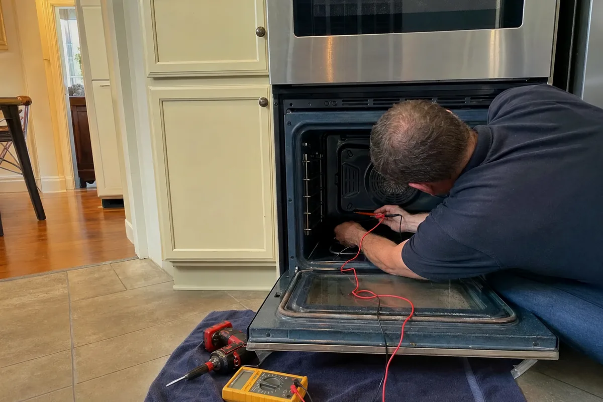 An oven door standing open on a tiled floor with the technician working inside the cavity
