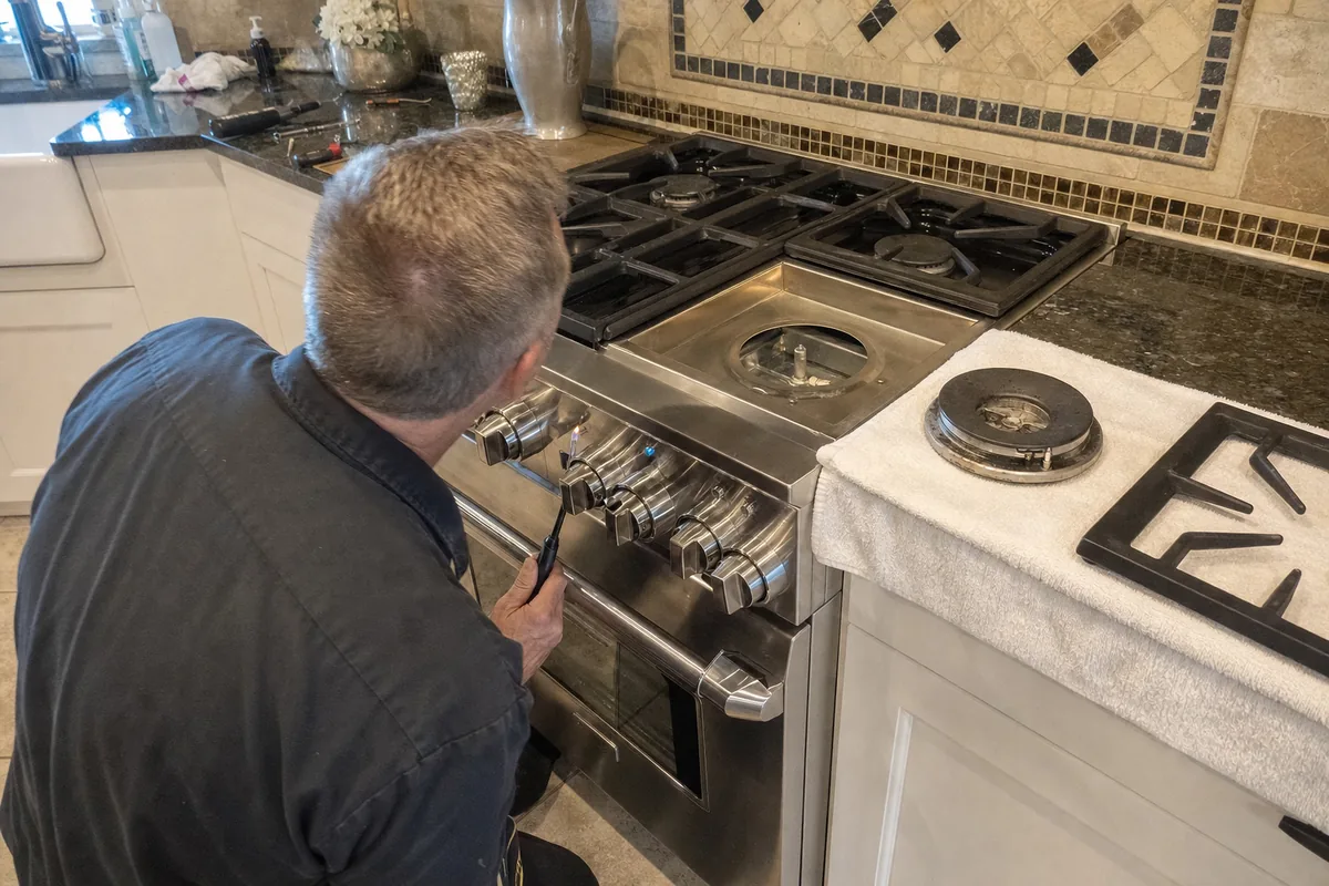 A technician working at the front of a pro range set into a corner run of tiled counter