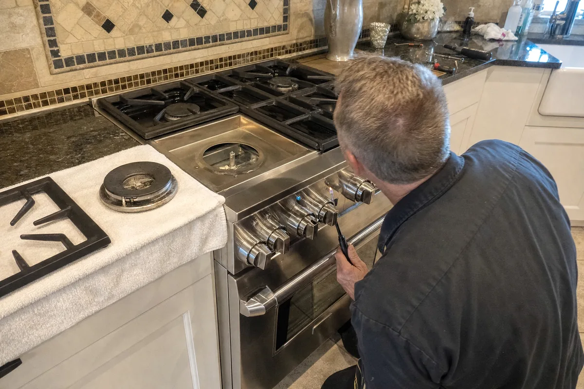 A range in a corner kitchen with its grates lifted onto a cloth and the technician working across the deck