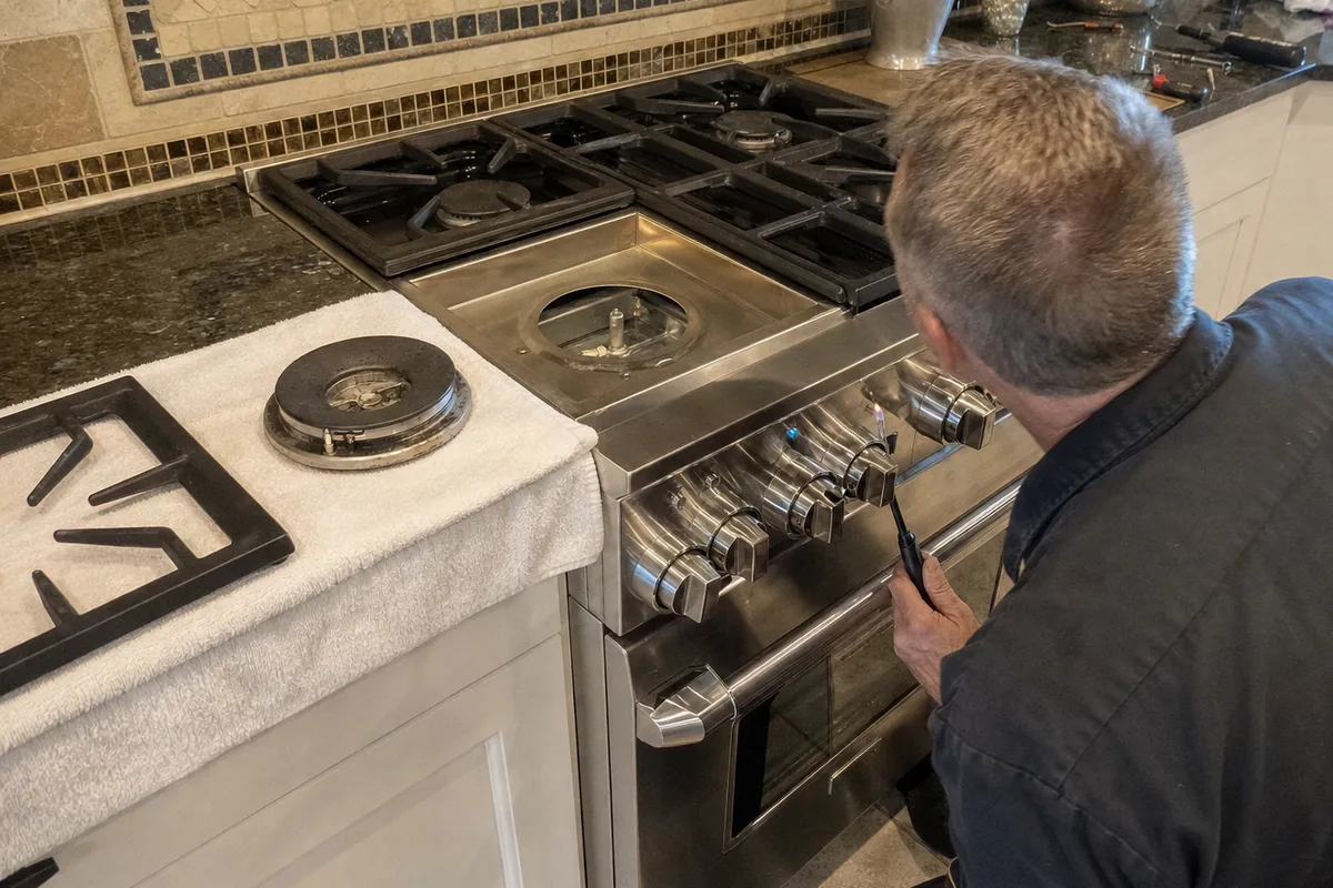 A pro range pulled forward slightly in a tiled kitchen corner while a technician works at its top
