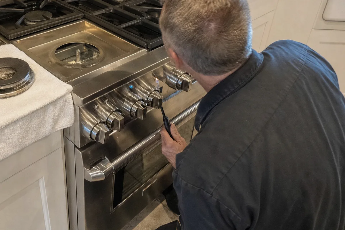 A technician crouched at the side of a stainless range, a cloth laid over the counter beside him