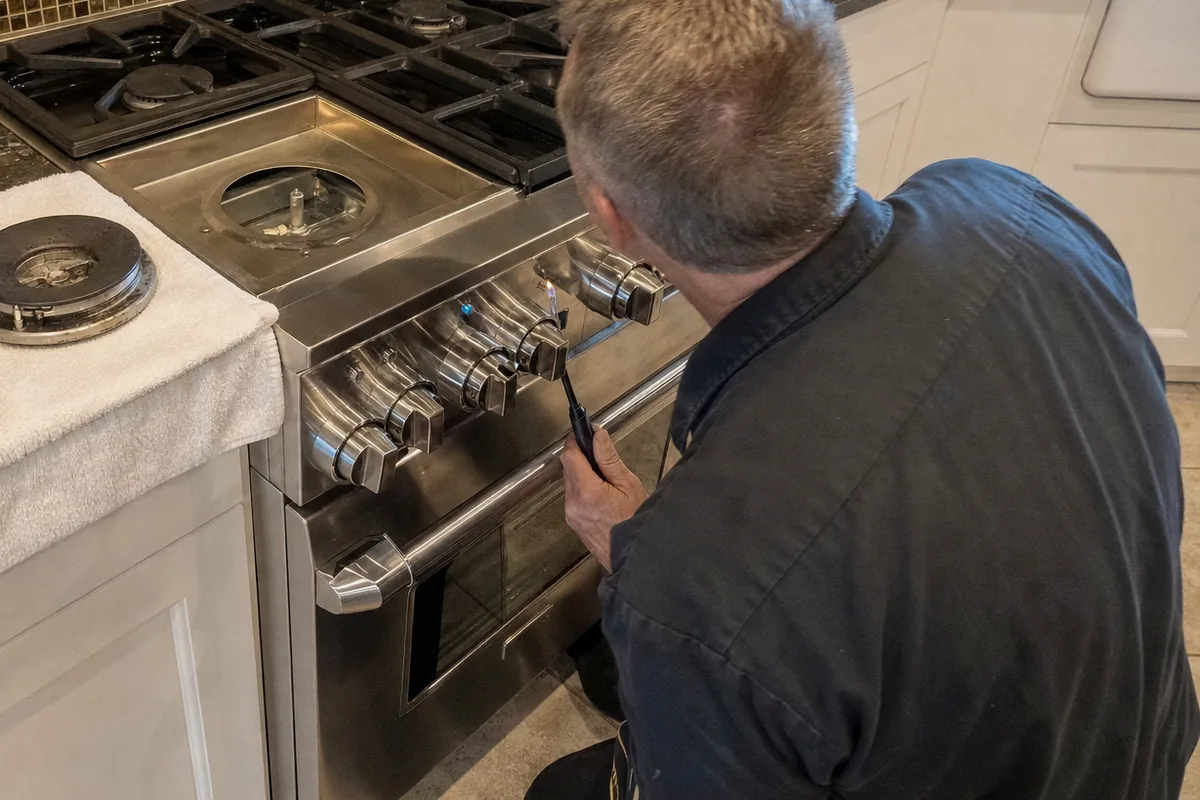 The control panel end of a pro range with a technician leaning in over the burner deck beside it