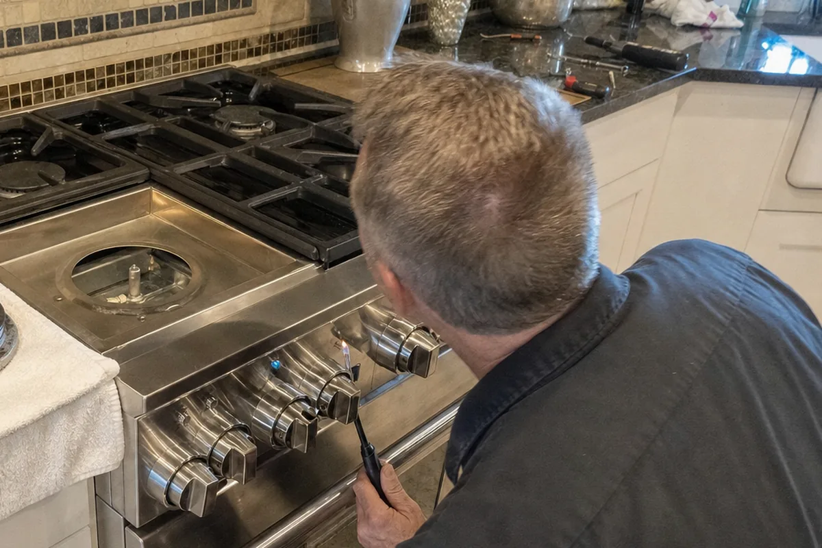 A technician working alone at a range in a tiled corner kitchen, sleeves up, cloth over the counter