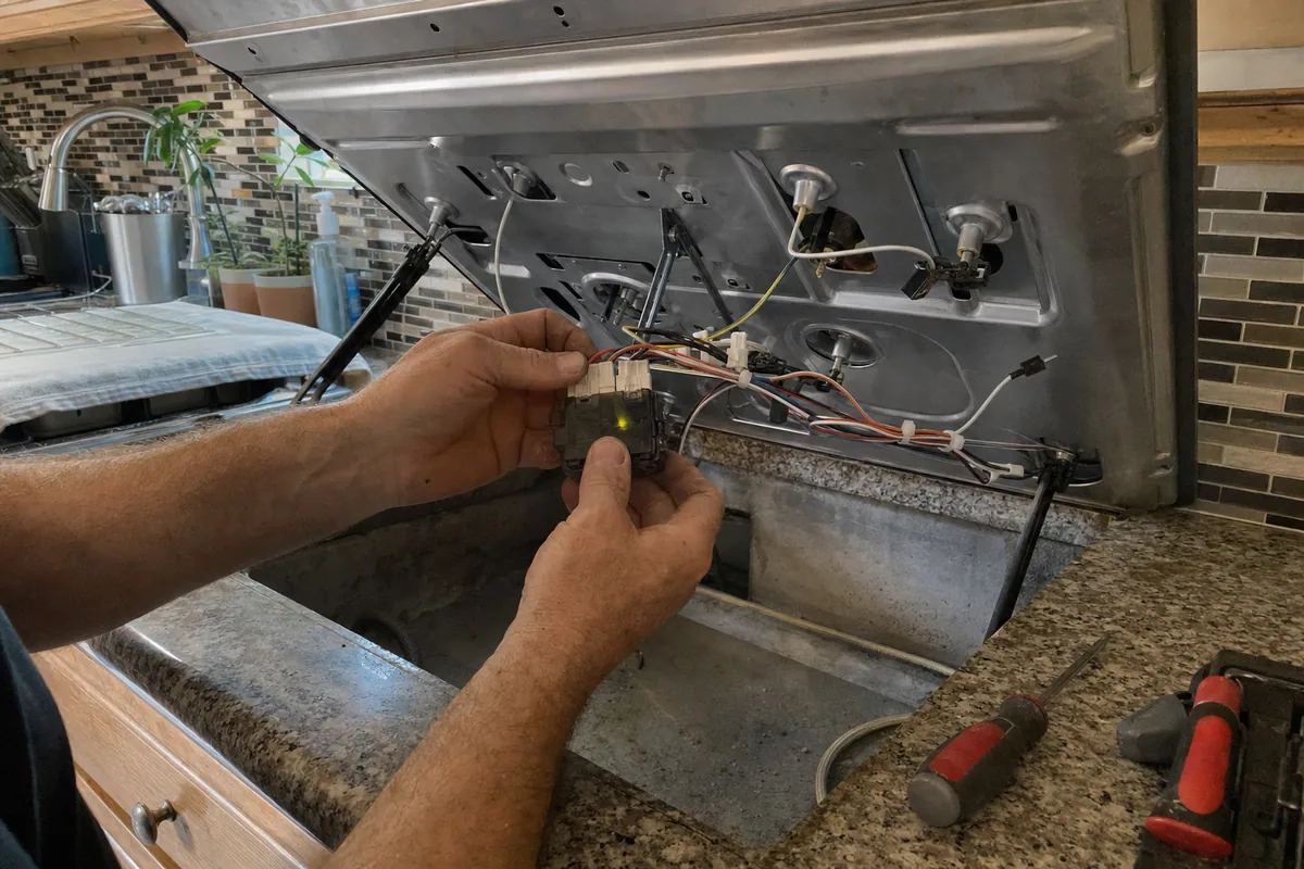 A spark module held between both hands over an opened cooktop, the igniter leads running away to each burner