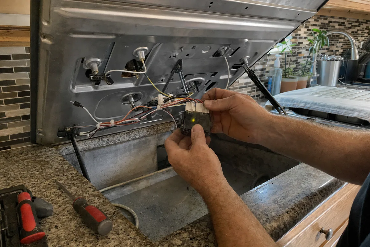 Two hands holding a spark module clear of a rangetop chassis with its wiring loom fanned out below