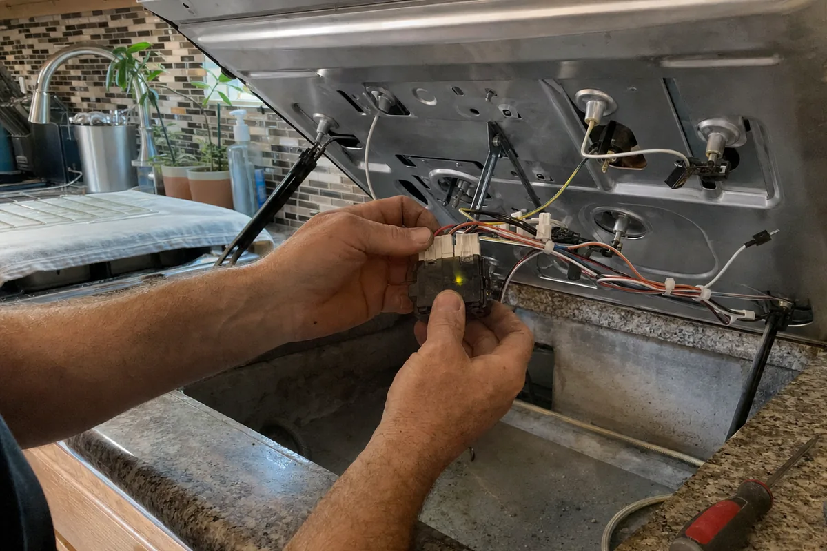 A control module lifted out on its harness, connectors and coloured leads visible against the stainless chassis