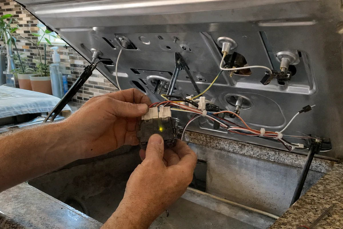 An electronic module drawn out on its wiring harness, connector pins turned toward the light