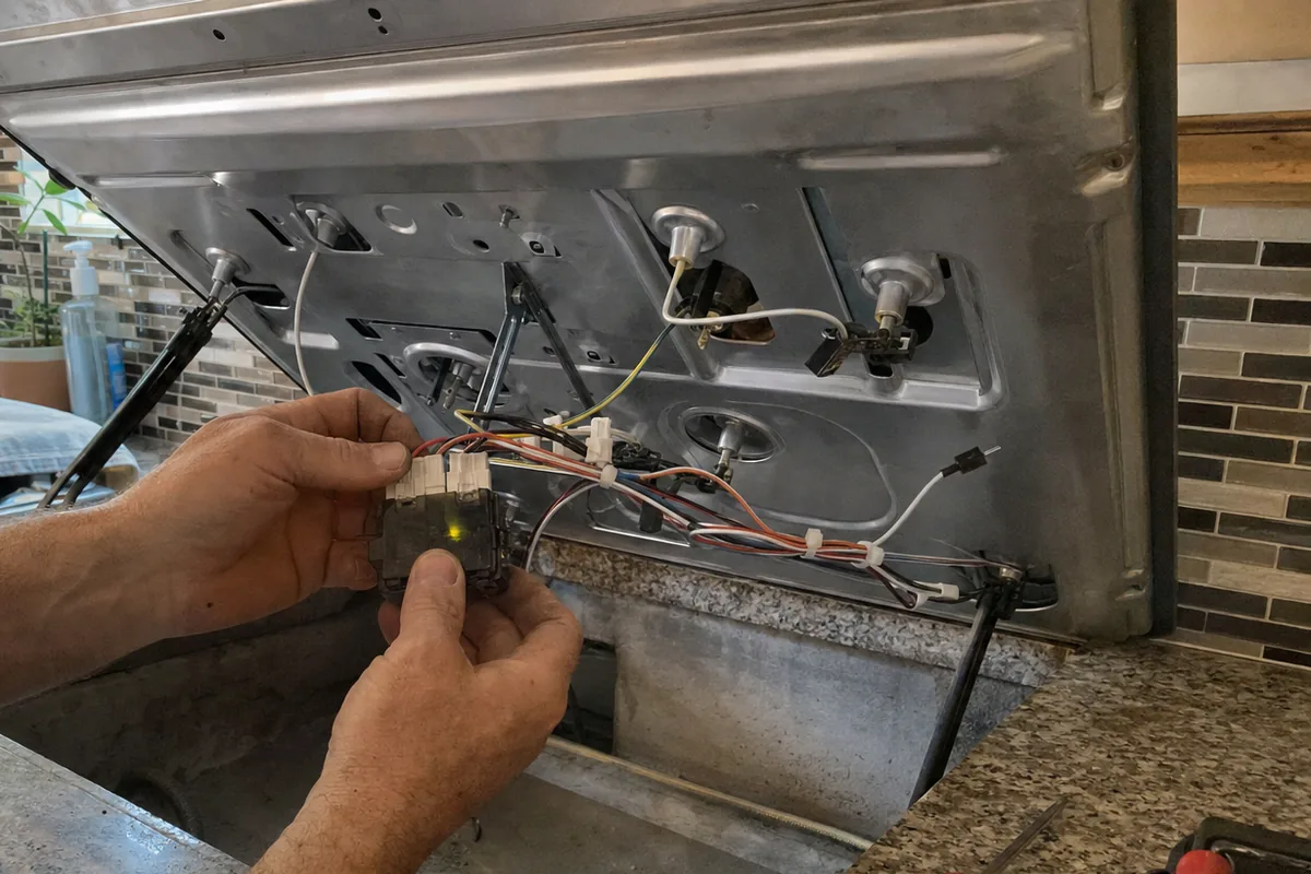 A spark module held in one hand with its harness still connected, the cooktop chassis open below