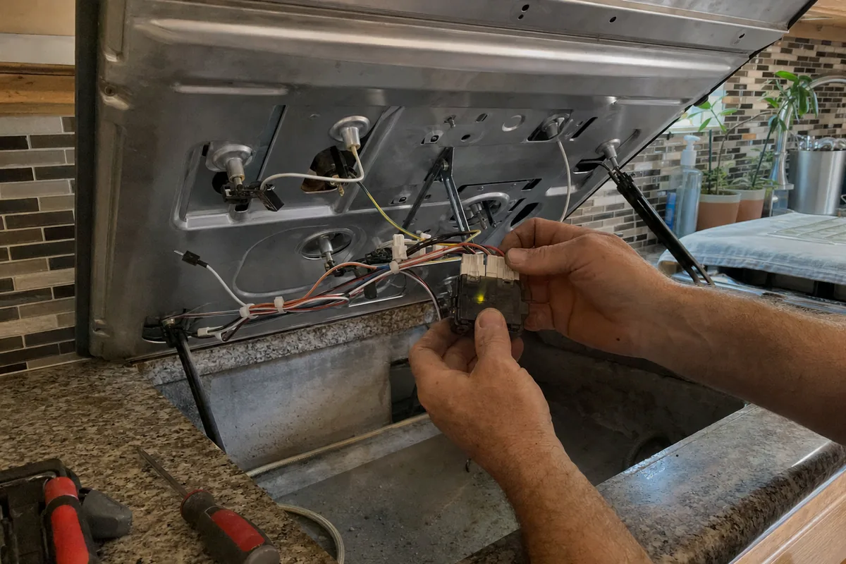 A wiring harness and its module lifted clear of a cooktop chassis and held steady for inspection