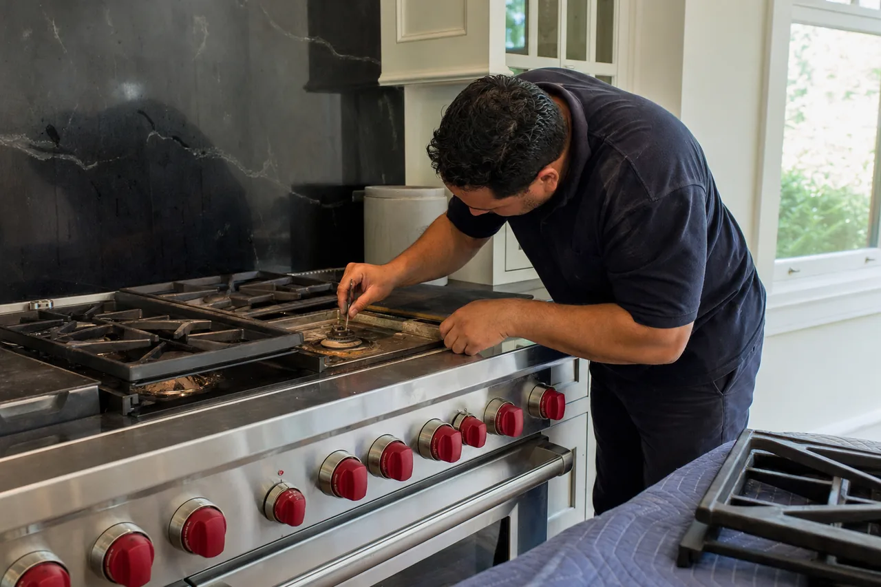 A technician bent over a stainless range with red knobs, working on an exposed burner while one lifted black iron grate rests on a blue quilted moving blanket beside him